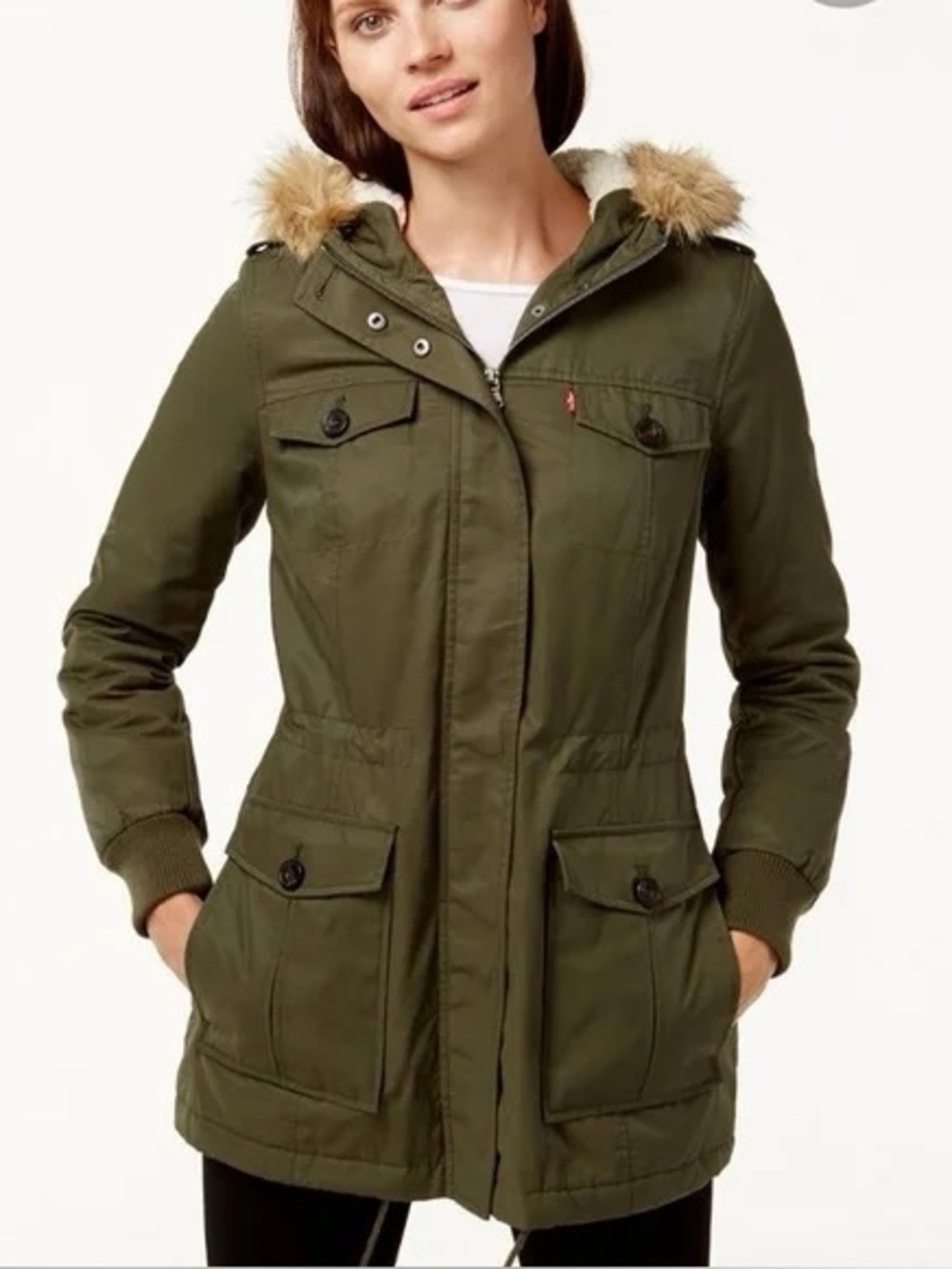 Levi's Women's Olive Green Hooded Parka Jacket w/ Faux Fur Trim & Sherpa Lining
